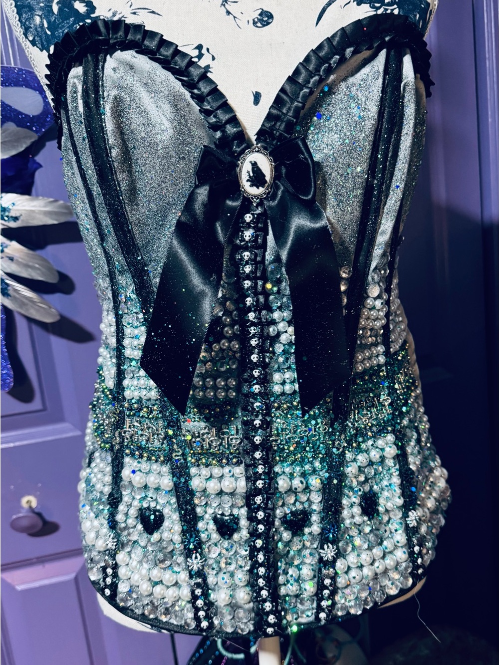 Gothic pearl and diamond rhinestone embellished corset
